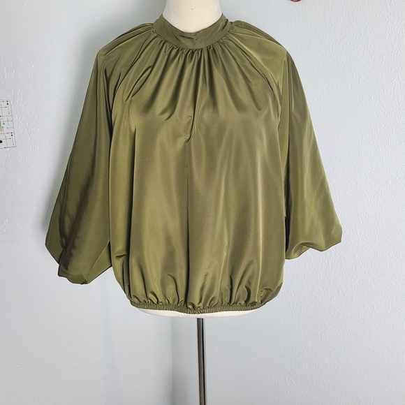 Worthington Tops - Worthington Olive Green Mock Turtleneck Top, Lantern Sleeves, Size Large